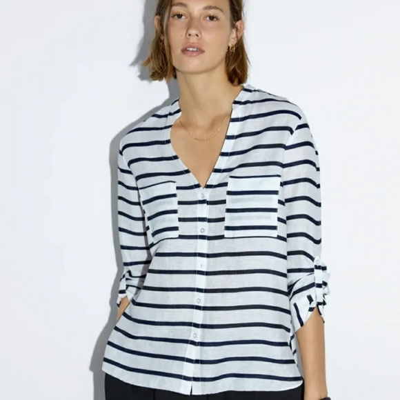 ZARA Linen Striped Button Down Blouse - Picture 1 of 6